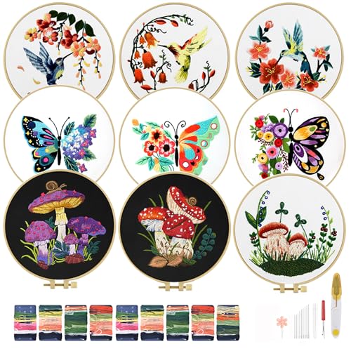 TINDTOP Embroidery Kit for Adult, Hummingbird Butterfly Mushroom Flower Kit - color: Embroidery Kit for Adult for Beginners