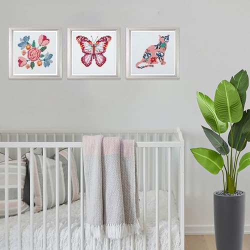 Trimits 3PK Cross Stitch Bundle – Counted Embroidery Kit, Beginner & All Level Starter Set, Complete with Instructions & Thread Children Wall Home DIY Décor – 13x13cm – Butterfly, Cat, Flowers - style: Butterfly, Cat, Flowers