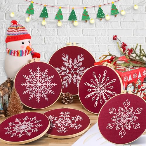 6 Sets Christmas Embroidery kit for Beginners Adults, Antique Red Christmas Ornament Kit Snowflakes Needlepoint Cross Stitch Kits with Patterns, Stitch Learning Kit with Needles Ropes Ribbon-Red - color: Red
