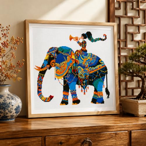 Zhenqing Elephant and Girl Stamped Cross Stitch Kit for Beginners, 11CT Printed Full Coverage Boho Elephant with Horn Player Pattern, 50 x 50 cm DIY Animal Embroidery Needlework Set, No Hoop Needed - color: Boho Elephant Melody