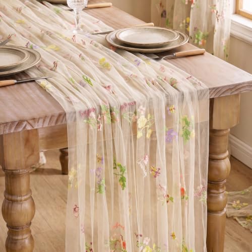 QueenDream Beige Apricot Floral Table Runner 10FT Spring with Embroidery Tulle Wildflower - color: Beige Apricot, size: 27"x120", 3 Pcs