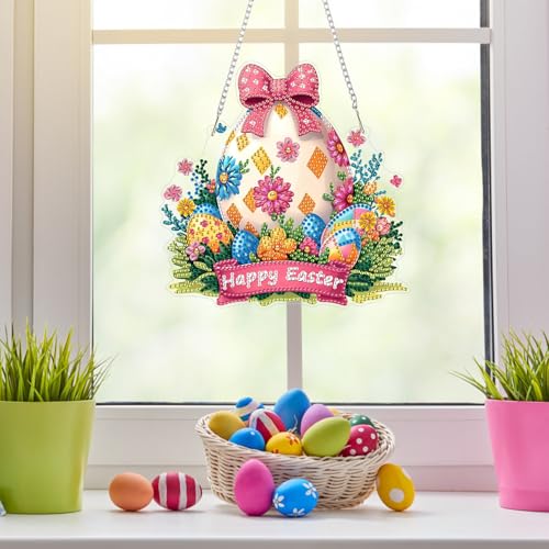 NAIMOER Easter Egg Diamond Art Hanging Kits for Adults, 5D Special Shaped Rhinestone, DIY Acrylic Spring Diamond Art Painting Window Pendants Home Garden Wall Hanging Ornament Kits, Double Sided - color: Easter 04