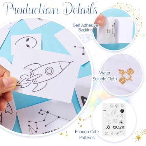 Beadthoven 69pcs Water Soluble Embroidery Stabilizers, Stick and Stitch Embroidery Paper with Pre-Printed Space Rocket Planet Constellation Patterns Wash Away Adhesive Stabilizers for Hand Sewing - color: Space