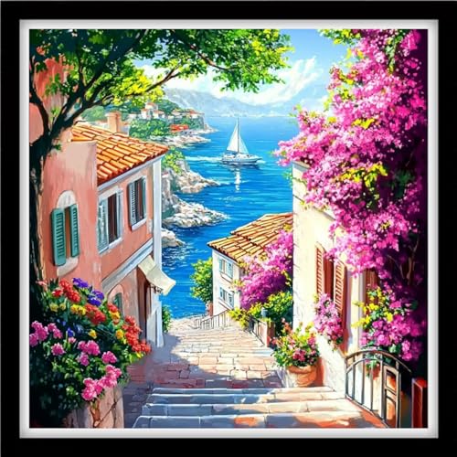 Fanxvivy Counted Cross Stitch Kits for Adults 11CT Unprinted Cross-Stitch Patterns Embroidery Kits Easy Cross Stitching Needlepoint Kits-Seaside Street 18x18 inch - color: DIYcraft04