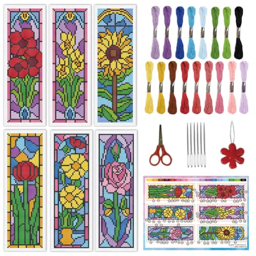 INFUNLY 6PCS/Set Pixel Flowers Cross Stitch Bookmark Kit 2.99x8.54 Retro Floral Window Handmade Cross Stitch Bookmarks DIY Embroidery Bookmarks for Readers with Instruction for Starter Book Lovers - style: Pixel Flowers