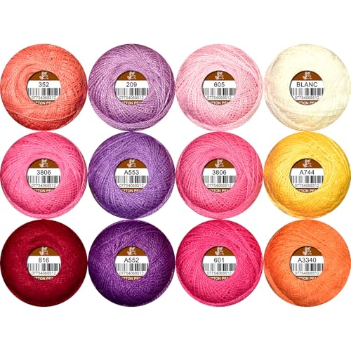 Double Mercerized Egyptian Long Staple Cotton Pearl Thread Ball 10 Grams Rainbow Color Embroidery Thread 12 Colors per Box for Crochet Hardanger Cross Stitch Hand Embroidery,redpurple Series - color: redpurple series