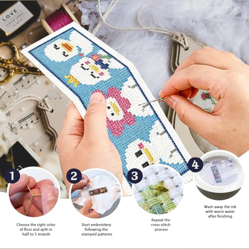 INFUNLY 6PCS Horizontal Animals Cross Stitch Bookmarks Kits 3×8.5inch Brave Penguin Stamped Embroidery Bookmark Set Pets Cats Dogs Needlepoint Bookmark Kit with Instruction for Book Lovers Writer - style: Horizontal Animals