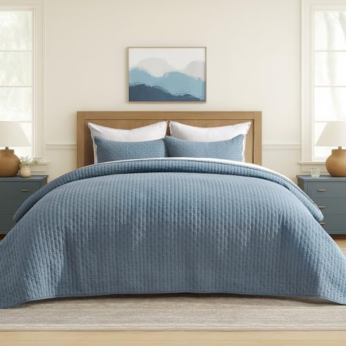 EverGrace 100% Cotton Cross Stitch 3-Piece Quilt Set, 118"x106", Dusty Blue - color: Dusty Blue, size: OVERSIZED CAL KING (118" x 106")