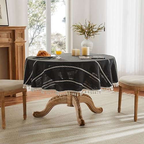 ZeeMart Hemstitched Striped Boho Table Cloth, 54 Inch Round Black - color: Black, size: 54" (Round)