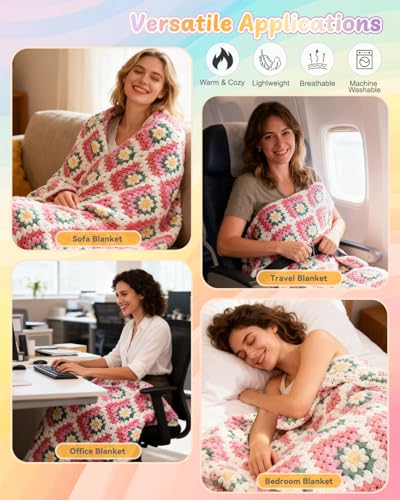 Coopay Crochet Kit for Beginners, Easy 3D Granny Square Blanket Kit, Pink - color: Pink- 3D Daisy