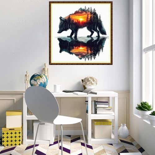 Redxing Counted Cross Stitch Kit for Beginners,Unprinted Needlepoint Kits for Beginners Cross Stitching Embroidery Kit 11CT Stitches kit-Abstract Wolf 18x18 inch - color: KitColors34