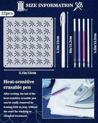 FIVEIZERO 32PCS Sashiko Stencils Kit,Sashiko Templates&4 Heat Erasable Pens - color: classic