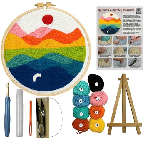 CELCRAFTIQUE Punch Needle Kits for Adults Beginner, Tool with Punch Needle Fabric, Hoops, Yarns and Sewing Needles (Style 2) - color: Rainbow Horizon