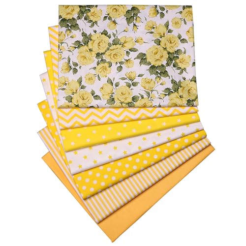 Yellow Print Cotton Fabric Fat Quarter Bundles - Quilting Fabric Material for Sewing, Patchwork Quilt, Apparel, Bags, Upholstery, and Crafts, 7 pcs 15.7" x 19.7" Pre Cut - color: Bright Yellow