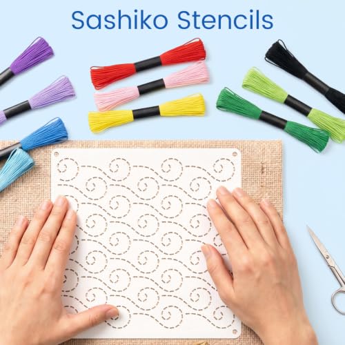 Sashiko Kit, Includes Sashiko Thread, 100% Cotton Fabric, Needle, Thimble, Threader, and Sashiko Pattern Template. Ideal for Sewing Beginners, Mending, and Hand Quilting. - color: 24