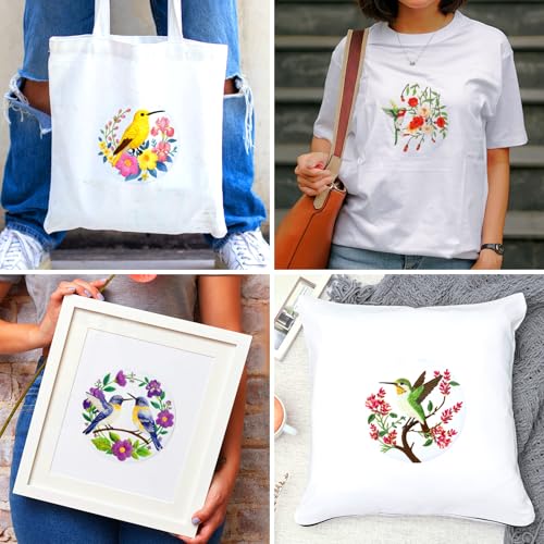 BEUNITONE 6 Set Hummingbird Starter Embroidery Kit with Pre-Stamped Pattern - style: Hummingbird