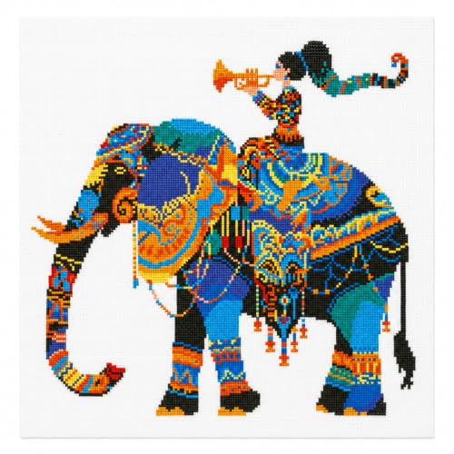 Zhenqing Elephant and Girl Stamped Cross Stitch Kit for Beginners, 11CT Printed Full Coverage Boho Elephant with Horn Player Pattern, 50 x 50 cm DIY Animal Embroidery Needlework Set, No Hoop Needed - color: Boho Elephant Melody