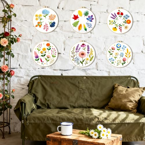 BEUNITONE 6 Pack Beginner Embroidery Kit for Adults, Simple Floral Plants Pre-Stamped Pattern Starter Needlepoint Kits with Hoops & Instruction, Hand Embroidery Kits for Fabric and Home Decor 7.9x7.9 - style: Simple Flowers