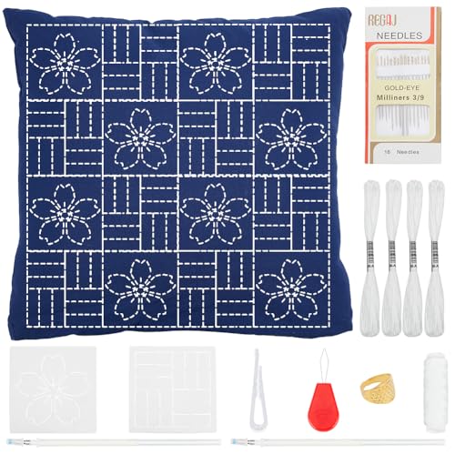 WEBEEDY DIY Sashiko Pillowcase Template Set for Traditional Japanese Sashiko Pattern Fabric Pillowcase Embroidery Kit Stitching Sashiko with Video Instructions for Home Sofa Decor, 15.7x15.7inch