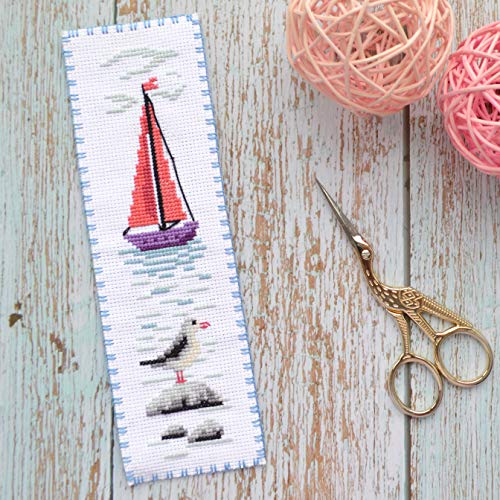 Povitrulya Seagull Cross Stitch Bookmark - Seaside Beach Embroidery Set with Paper Pattern, 16 Count Aida Cloth and Pre-Sorted Floss - color: Seagull
