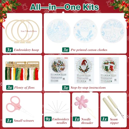 Christmas Embroidery Kit, 3 Pack Christmas Cross Stitch Kits for Adult - color: Christmas