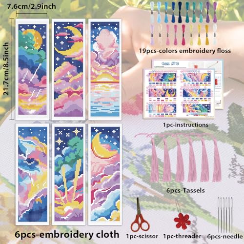ACRNIGHEET 6PCS Cross Stitch Bookmark Kit for Beginner Colorful Clouds Stamped Cross Stitch Kits Needlepoint Kit for Adults DIY Tassel Embroidery Bookmark Kits & Instructions Craft Gift 8.5"x3" 11CT - style: Dreamy Clouds Patterns