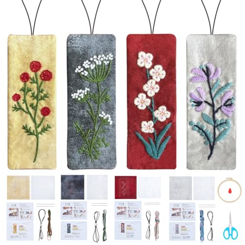 FREEBLOSS 4 Set Embroidery Bookmark Kit Flowers Embroidery Kit for Beginners with Instructions Embroidered Bookmark DIY Hand Embroidery Kit Embroidered Bookmark Kit Cross Stitch Kit