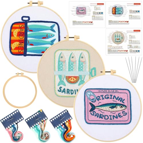 Mindsoft 3 Set Needlepoint Kit for Beginners with Hoop,Sardine - style: Sardine