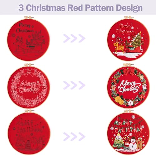Offizon 3 Sets Embroidery Kit for Beginners Adult DIY Cross Stitches - color: Christmas Red