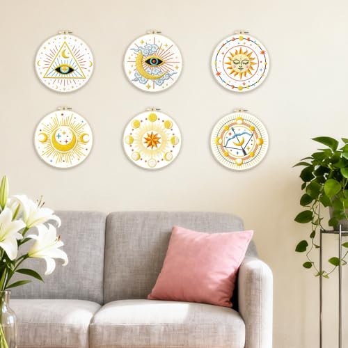 BEUNITONE 6Set Tarot Embroidery Kit for Beginners with Dreamy Pre-print Patterns, DIY Craft Kits for Adults Women with Embroidery Hoops and Full Kits, Needlepoint Kits for Home Decor and Gifts 20x20cm - style: Tarot