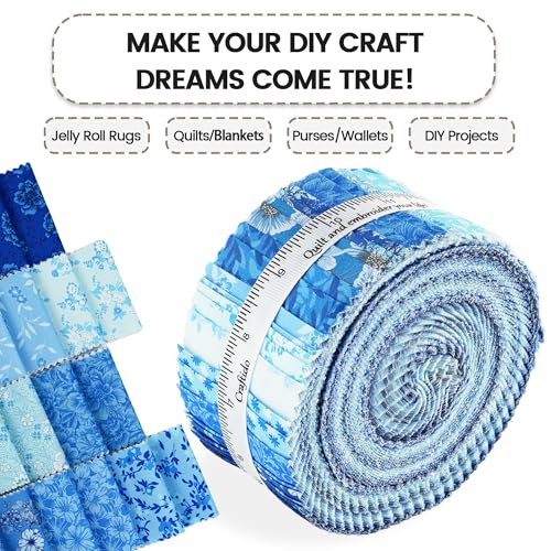 Craftido-20 Options-100% Cotton Jelly Roll Fabric Precut Strips for Quilting, Crafting, and Sewing, 40 Strips 2.5" x 44" Assorted Bundles for Rug, Quilt Project, DIY Craft and Home Decor-Timeless Blue - color: Timeless Blue