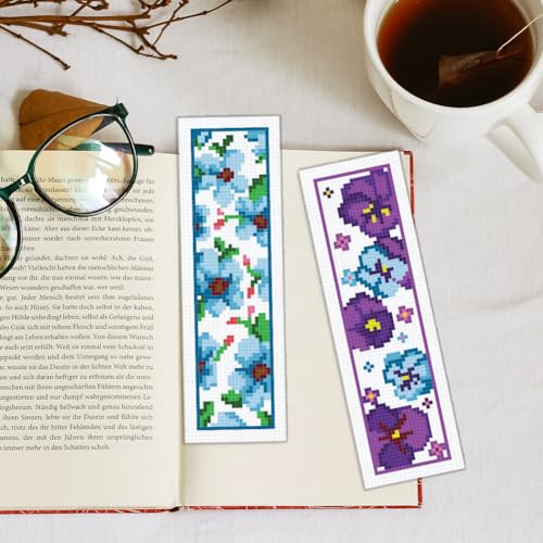 INFUNLY 6pcs Red Rose Cross Stitch Bookmark Kits DIY Sunflower Peach Blossom Embroidery Bookmark Kits for Beginners with Instruction Blue Flower Bookmark Making Kit for Book Lovers Readers Women Gifts - style: Flower