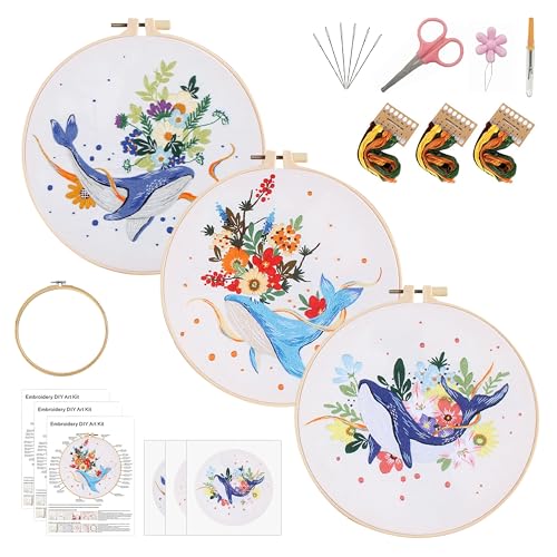 KEKEMEOW 3 Sets Embroidery Kit for Beginners, Stitches with Whale and Flowers, Embroidery Stitch Practice kit for Adults Craft Lover, Cross Stitch Kit with Pattern、Instruction、Hoop - color: whale