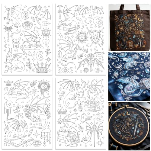 ORIGACH 4 Sheets Water Soluble Embroidery Patterns Stabilizers - Pre-Printed Mythical Dragon Shrubs Designs - Stick & Stitch Embroidery Paper for Hand Sewing Lovers - color: Dragon