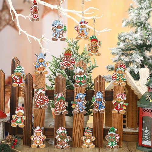 Tondiamo 20 Pcs Christmas Diamond Painting Keychain Kits 5D DIY Diamond Art Pendants Double Sided Hanging Key Chains for Christmas Party Decoration DIY(Gingerbread Man Style) - style: Gingerbread Man Style