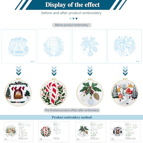 Zhenqing Christmas Embroidery Kit for Beginners - 4 Piece 29x29cm Round Designs with Embroidery Hoop, Threads & Tools (Snowy Cabin, Fireplace, Candy Cane, Holly)(C0066) - style: Snowy Cabin+ Fireplace+Candy Cane+Holly