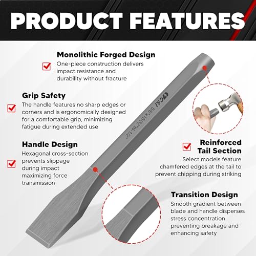 C&T 3-Piece Heavy Duty All Purpose Cold Chisels Kit, 3/8, 1/2, 5/8 in, for Carpentry, Metalwork, Woodwork & Masonry work - size: 3-Piece