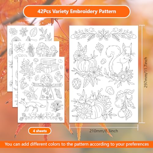 ORIGACH 4 Sheets Large Autumn Water Soluble Embroidery Stabilizers, Pumpkin Leaves & Mushroom Stick and Stitch Embroidery Paper Hand Sewing Stabilizers for Embroidery Beginners - color: Autumn Pumpkin Leaves & Mushroom
