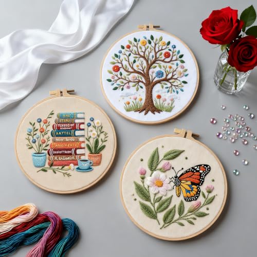 Herdiese Embroidery Kit for Beginners & Adults, 3 Sets with Instructions - color: Flower-F (3 Pack)