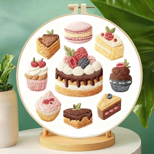 Zhenqing Chocolate Cake Embroidery Kit for Beginners, Pre-Printed 29x29cm Fabric with 20cm Hoop, Threads & Tools, Dessert Design with Macarons and Cupcakes(C0175)