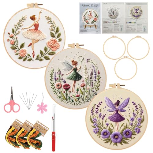 Embroidery Kit for Adults, Pre-Stamped Pattern Embroidery Kit for Beginners, Needlepoint Starter Kit with Hoop Thread Needle Instruction, 7.9'' Hoop (Flower Fairy 3 Packs) - style: Flower Fairy 3 Packs
