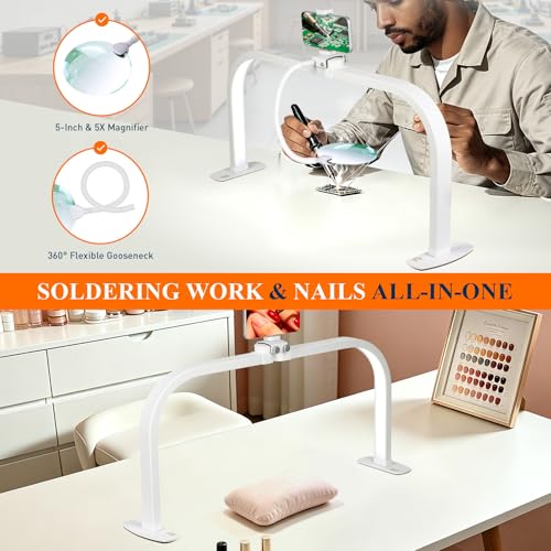 Half Moon Nail Desk Lamp with 5X Magnifier & Phone Holder - color: White