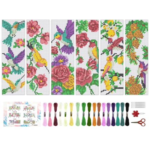 BEUNITONE 6 Pcs Cross Stitch Bookmark Kit for Beginner Vintage Flower Hand Embroidery Kit with Instruction Hummingbird Stamped Embroidery Bookmarks Handmade for DIY Crafts Book Lovers 8.5''x3'' - style: Hummingbird