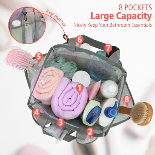 Mesh Shower Caddy Portable - 8 Pockets, S-Hook, Shower Bag for Dorm Camping - color: Grey, size: L (Classic Dorm Caddy)