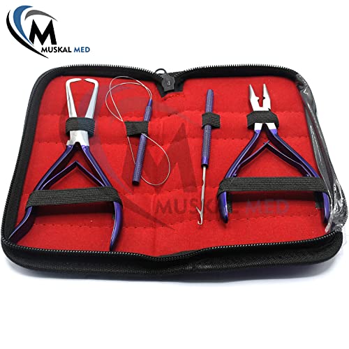 Professional Hair Extension & Beading Tool Kit Remove Plier Set for beads (4 Piece) I-Link Micro Ring Loop Needle Pulling Hook Threader Wire for Silicone Rings (Purple) - color: Purple