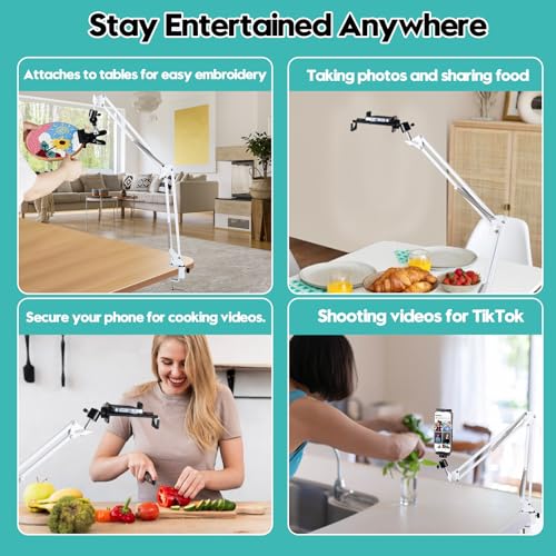 Embroidery Hoop Stand Adjustable Embroidery Stand Metal Embroidery Hoop Clamp Table Stand Suitable for Embroidery Hoops and Phone or Ipad(White) - style: White