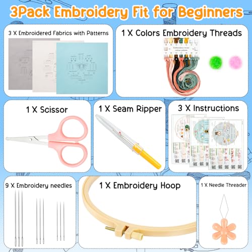 Ponpon 3 Sets Embroidery Kit for Beginners, Embroidery Kit for Adults with Follow Instruction, Cross Stitch Kits with Wooden Embroidery Hoops (Stlye D) - style: Stlye D