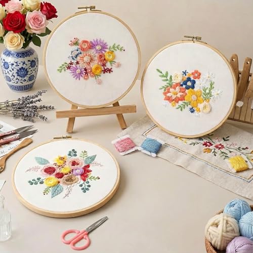 Gmakto Embroidery Kits for Beginners,3 Sets Beginner Embroidery Kit for Adults,Including 3Pcs Embroidery Cloths with Floral Pattern, 1 Pcs Plastic Embroidery Hoops, 3Pcs User Manual(Flower)