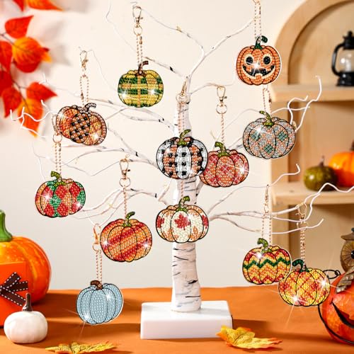 WILLBOND 30 Pcs Halloween Pumpkin Diamond Art Keychains Kits for Beginner - color: Pumpkin