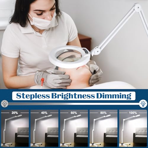 15X Magnifying Glass with Light and Stand, Super Bright 2,200 Lumens LED Magnifying Floor lamp with 5 Wheels Rolling Base, 5 Color Modes Stepless Dimming Lighted Magnifier for Esthetician Facial Salon - color: White